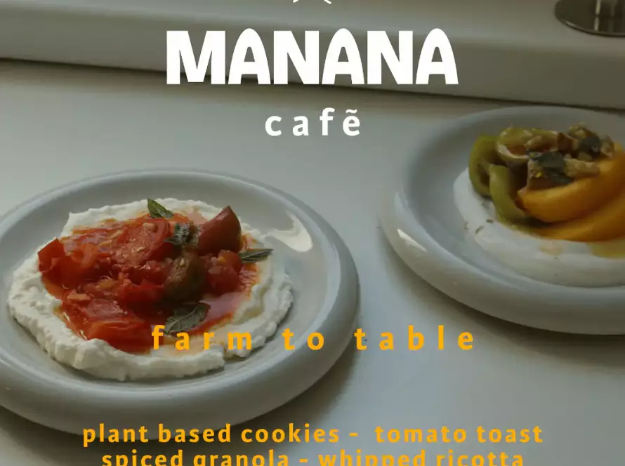 Eventposter für den Ayecooks x MANANA cafẽ Pop-up Brunch am 27. September in Wien. Im Hintergrund zwei weiße Teller mit pflanzenbasierten Snacks, darüber der Veranstaltungstext.
