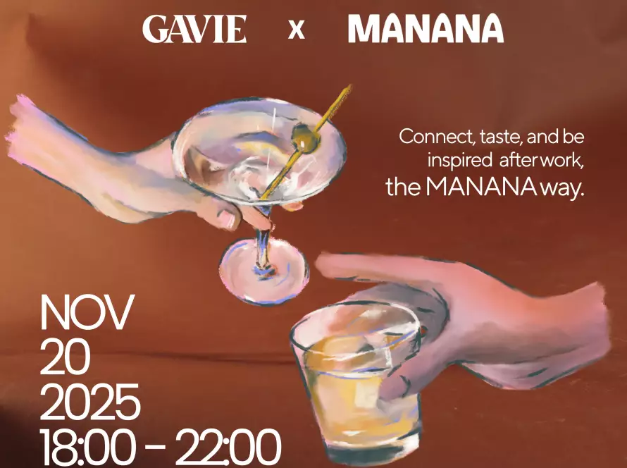 Eventposter zur Afterwork-Party mit GAVIE Gin im MANANA cafẽ in Wien Währing. Datum 20. November 2025, 18–22 Uhr. Zwei Gläser stoßen an, im Hintergrund warme Farben und künstlerisches Design.