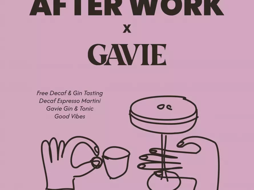 Pinker Eventposter für DECAF AFTER WORK × GAVIE Gin im MANANA Café Wien mit einer Hand, die eine Espresso-Tasse hält, und einer anderen mit Espresso Martini. Eventinfos: 19. März 2026, 16–22 Uhr, Schulgasse 31, 1180 Wien.