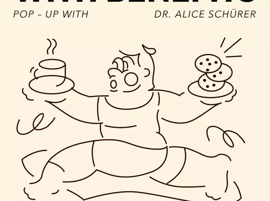 Poster für das Cookies with Benefits Pop-Up im MANANA cafẽ mit beigem Hintergrund und illustrativer Figur, die einen Kaffee und einen Teller mit Cookies hält.