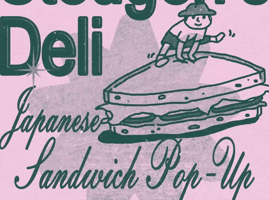 Poster für das Steugen’s Deli Japanese Sandwich Pop-Up im MANANA in Wien mit pinkem Hintergrund, grüner Typografie und Illustration eines Sandwiches, über das ein Männchen einen Bocksprung macht.
