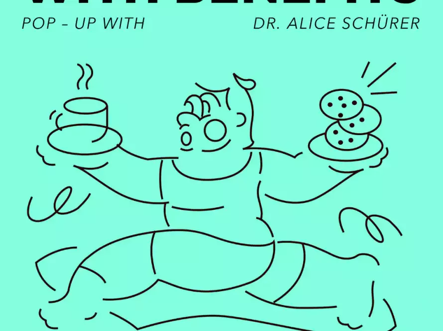Poster für das Cookies with Benefits Pop-Up im MANANA cafẽ mit beigem Hintergrund und illustrativer Figur, die einen Kaffee und einen Teller mit Cookies hält.