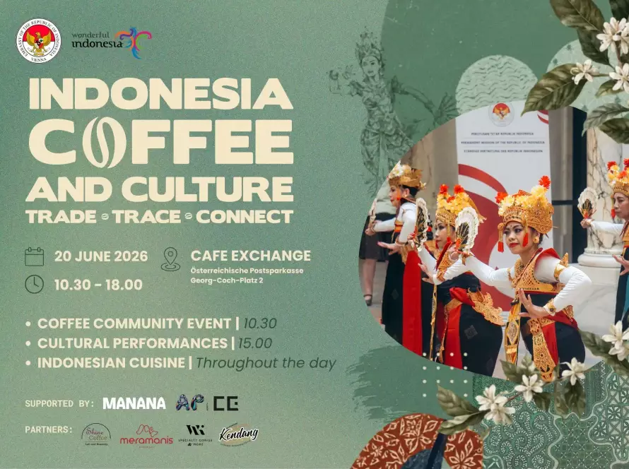 Indonesia Coffee Culture – Trade • Trace • Connect event poster for a specialty coffee and cultural event at Café Exchange in Vienna on 20 June 2026, featuring Indonesian coffee, cupping, food, culture, and networking.