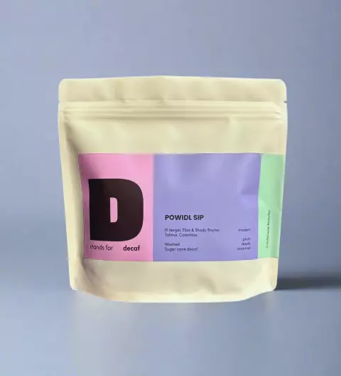 D stands for Powidl Sip – entkoffeinierte Kaffeebohnen, 250g Verpackung