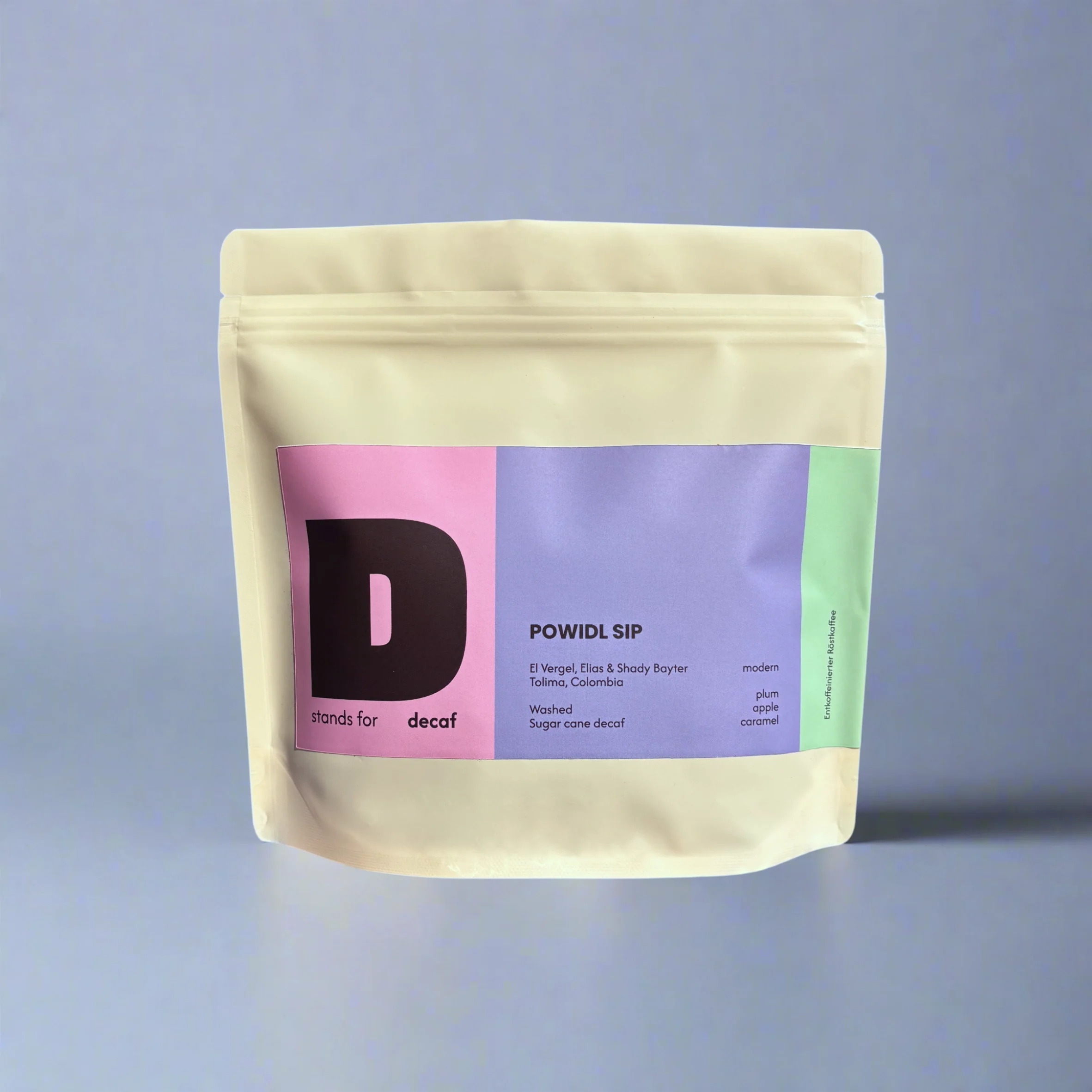 D stands for Powidl Sip – entkoffeinierte Kaffeebohnen, 250g Verpackung