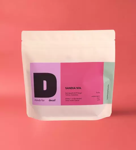 D stands for Sandia Sol – entkoffeinierte Kaffeebohnen Verpackung