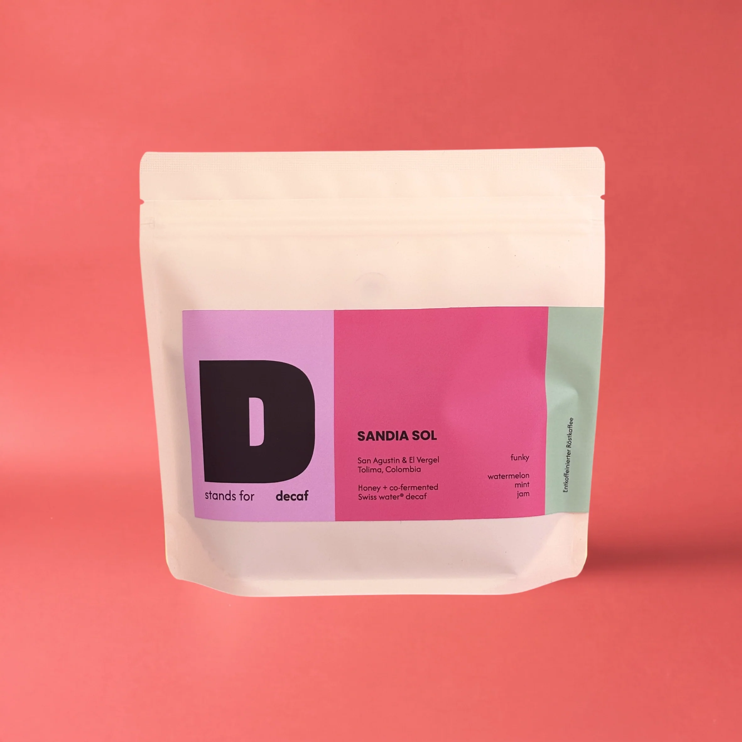 D stands for Sandia Sol – entkoffeinierte Kaffeebohnen Verpackung