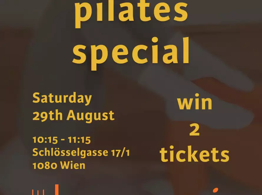 Eventposter für das MANANA Pilates Special am 29. August 2026 mit die Turnerei Wien, Schlösselgasse 17/1, 1080 Wien, Uhrzeit 10:15–11:15 Uhr, mit Hinweis auf Gewinnspiel für 2 Tickets und MANANA-Gutscheine.