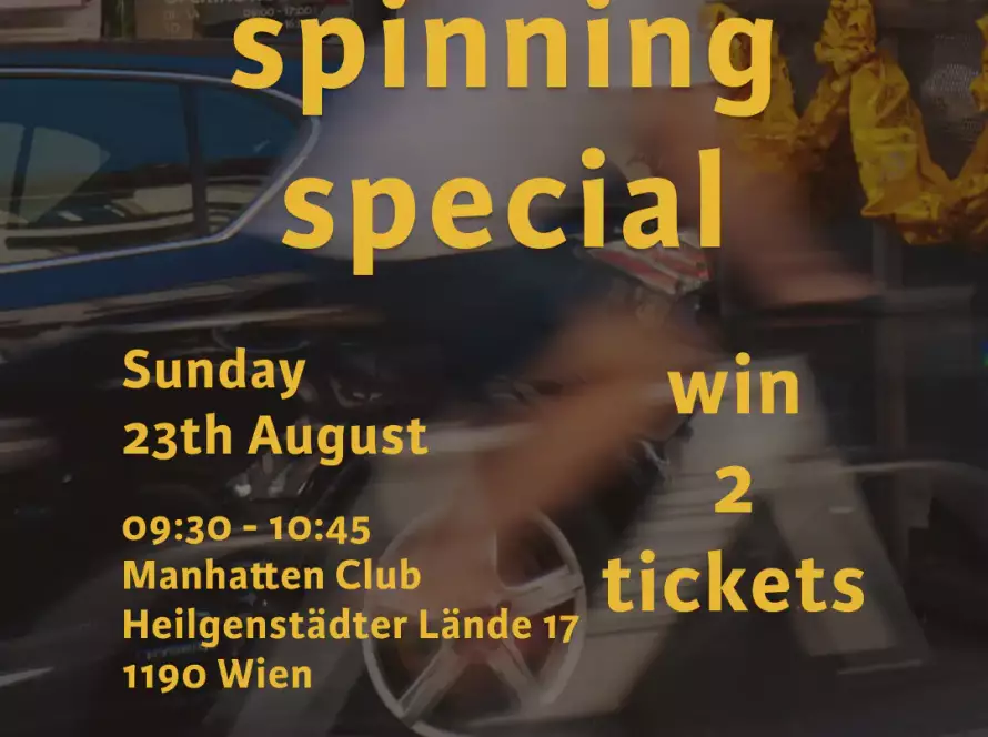 Eventposter für das MANANA Spinning Special am 23. August 2026 mit dem Manhattan Club Fitnessstudio, Uhrzeit 09:30–10:45 Uhr, mit Hinweis auf Gewinnspiel für 2 Tickets und MANANA-Gutscheine.